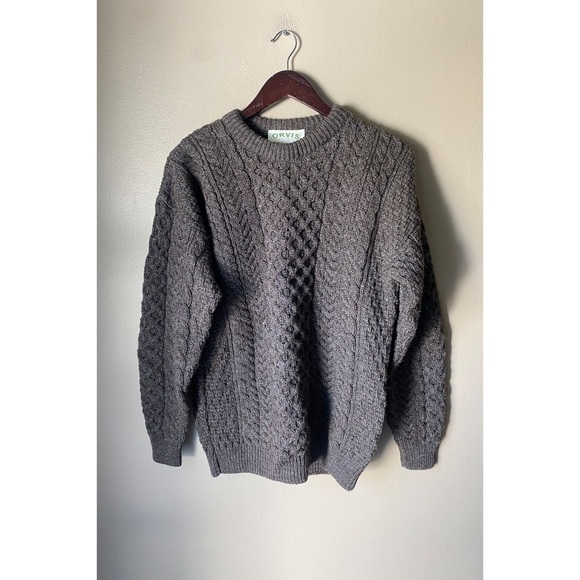 Orvis Sweaters - Vintage Orvis 100% Pure Wool Neutral Grey Brown Fisherman Dad Cable Knit Sweater